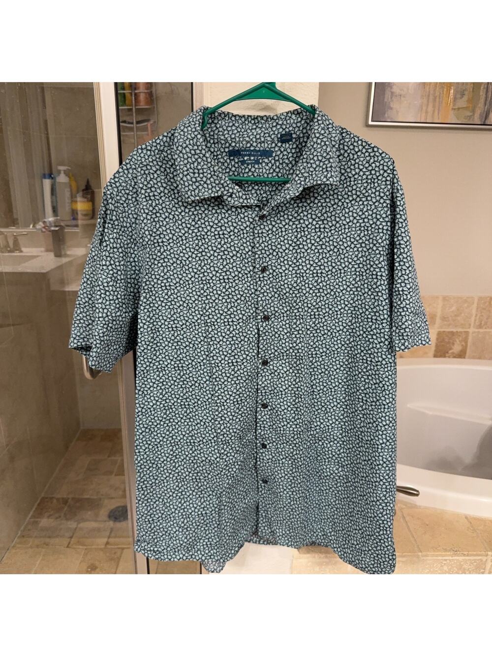 Perry Ellis 2XL Mens Stretch Short Sleeve Button Front Shirt Floral Green